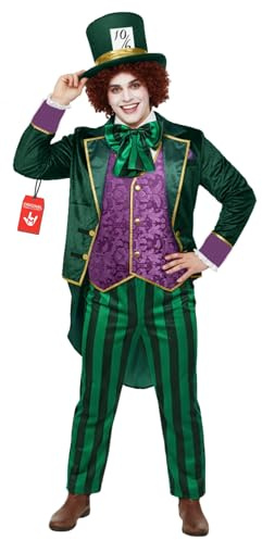 Morph, Mad Hatter Costume Men, Halloween Costumes for Men | Green Velvet-feel Jacket, Purple Brocade-style Waistcoat Included, Perfect for Halloween, Great for Fancy Dress