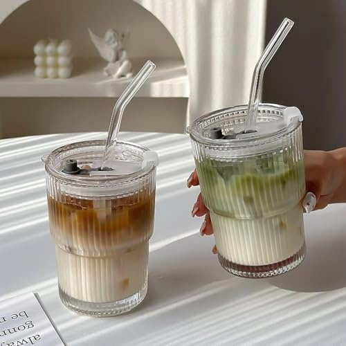 Xeletu 2 Stück 400ml Glasbecher mit Deckel und Strohhalm, Glas Smoothie Becher, Luftdicht Wasserdicht Design Kaffeebecher Travel Mug, Eiskaffee Becher, Trinkglas für Heiße Kalte Getränke
