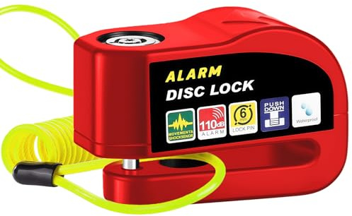Alarm Disc Lock Motorcycle Disc Brake Lock Anti-Theft Waterproof 110 dB 5mm Pin 5ft Reminder Cable for Motorcycles Bike Scooter Carry Pouch Alarm Control Lock with Cable (Red with Alarm)
