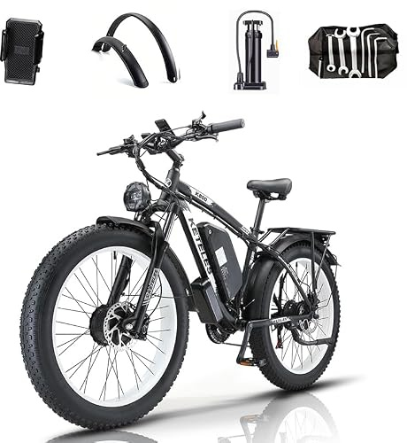 QIKAITU K800 E Bike, 32AH/23AH/20AH Akku Ebike mit Telefonhalter, E Fatbike mit 26x4.0 Fat Tire, 250W Elektrofahrräder für Herren Damen 100/120/150+KM Range 21-Gang-Getriebe