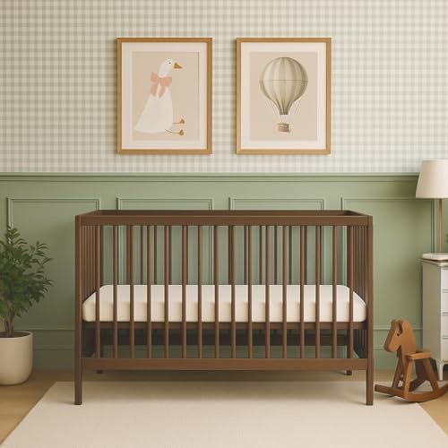 Mokee Mini Walnut Solid Wood Cot Bed 120x60 cm, 2-in-1 Wooden Baby Crib & Toddler Bed with Adjustable Base, from Newborn to 3 Years