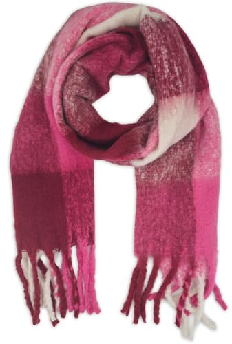 styleBREAKER Damen Webschal mit Karo Muster | Langer Schal mit dicken, langen Fransen | weicher Winter Strickschal warmes Material Stola, Farbe:Pink-Bordeaux-Creme