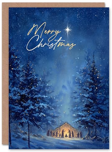 Artery8 Christmas Card Nativity Scene in Snowy Winter Pine Tree Forest