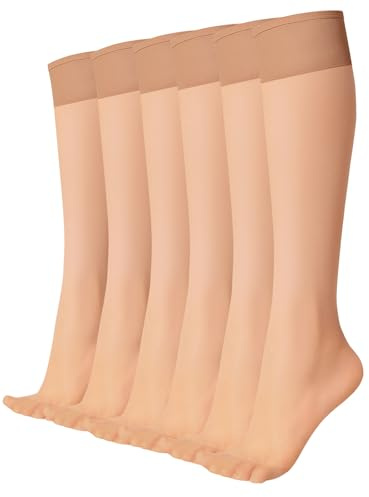 MANZI Women Sheer Knee High Socks with Comfort Top Nylon Trouser Stockings 6 Pairs 15D,Naturalx6