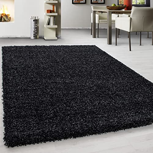 Teppium Moderner Hochflor Teppich Wohnzimmer 250x350 (240 x 340 cm) Anthrazit - Shaggy Flauschiger Teppich, Extra Weich, Pflegeleicht und Einfarbig - für Schlafzimmer, Küche und Esszimmer