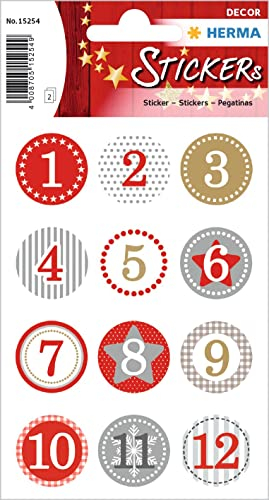 HERMA 15254 Aufkleber Zahlen 1-24 Glitzer rund, 24 Stück, Ø 2 cm, Weihnachten Sticker mit Sterne Schneeflocken Motiv, Nummer Ziffer Klebezahlen Etiketten für Weihnachtsdeko Adventskalender DIY Basteln