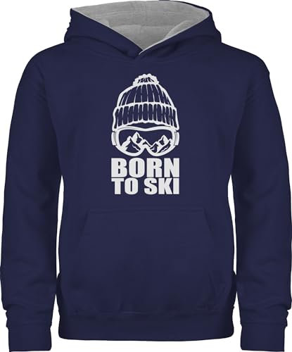 Pullover Kinder Hoodie Jungen Mädchen - Sport Kleidung - Born to Ski - 116 (5/6 Jahre) - Navy Blau/Grau meliert - skipullover 25. geburtstag berge kinderpulli skifahren skifahrer kinderpullover