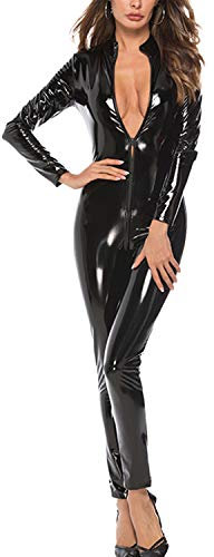DULEE Damen Wetlook Faux Leder Zipper Ganzanzug Kostüm Nachtclub Clubwear Tanzen Bodysuit Jumpsuit Dessous,Black 2XL