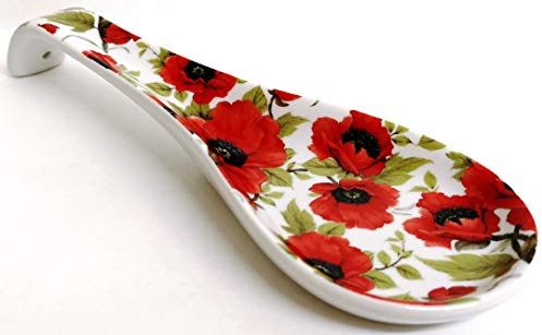 Repose cuillère en porcelaine décorée à la main Motif coquelicots Rouge Taille moyenne 22 cm