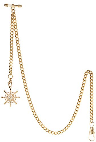 TREEWETO Men's Albert Chain Pocket Watch Curb Link Key Chain 2 Hooks with Antique Gold Rudder Pendant Design Charm Fob T Bar