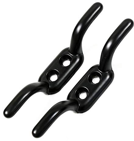 Washing Line Cord Cleat Hooks - Heavy Duty Metal Trailer Rope Tiebacks Pulley Black Japanned 110mm - Pack of 2