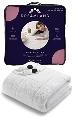 Dreamland Hunker Down Electric Blanket, Double Size, Scandi Sherpa, Two Controllers, Fast Heat Up, Premium Heated Fitted Underblanket, 6 Heat Settings, Machine Washable, Timer, 190 x 137 cm