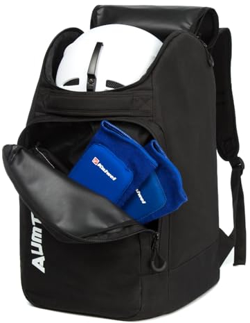 AUMTISC Skischuhtaschen mit Helmfach und Rucksackgurten, Skirucksack Skischuhrucksack mit Helmtasche, Skitasche Siksack für Skistiefel, Schlittschuhe, Snowboard Schwarz