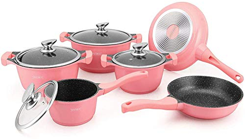 Royalty Line Sudhomedeco@ - Batteria da cucina per tutti i piani cottura a induzione, senza PFOA, cottura senza grassi, rivestimento in Greblon C3+, tecnologia tedesca, colore: Rosa