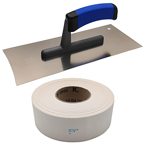DEWEPRO Trockenbau Glättekelle konkav inkl. Knauf Papierfugendeckstreifen 75m - Glattkelle mit 2 konkaven Seiten - Aufziehglätter aus Edelstahl mit abgerundeter Ecke