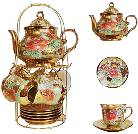 Green Globe - 13 pcs Ceramic Flower Tea Set with Increased Size Tea Cups and Teapot | Elegant Design with Gold Trim and Multi-Color Floral Pattern