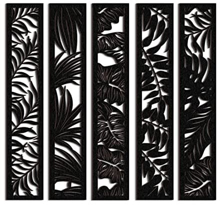 5 Pieces Wooden Wall Art Hollow Wall Decor Wood Wall Accents Themed Wood Panels for Home Decorations Bedroom Living Room, 15.7 x 2.9 x 0.2 Inch (Black, Leaf)