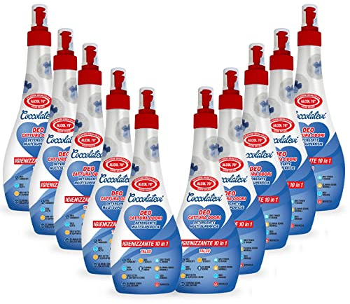 COCCOLATEVI Deo 10 in 1 Talco 300 ml x 10 Cattura Odori, Detergente Igienizzante Multi Superficie con Alcol 50°, Igienizza, Pulisce, Deodora e Profuma