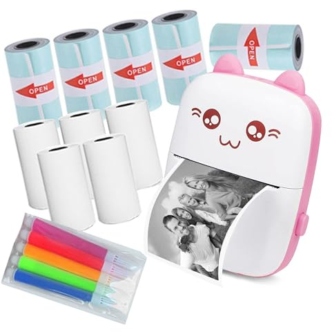 WANGCL Thermo-Etikettendrucker mit USB-Aufladung, tragbarer Bluetooth-Fotodrucker, kabellos, kompatibel mit Android oder iOS, mit 1 Rolle Thermopapier (Pink)