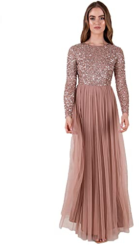 Maya Deluxe Damen Womens Ladies Dress for Wedding Guest Plus Size Empire High Waist Sequins Long Sleeve Evening Bridesmaid Brautjungfernkleid, Pale Mauve, 46 EU