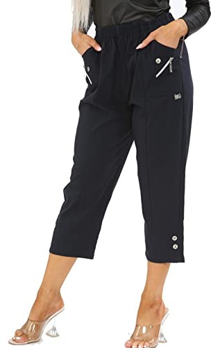 AFR Women Capri Trousers Cropped Pants Ladies 3/4 Three Quarter Length Stretch Pull On Elasticated UK Size 10-24 (Navy, 18)