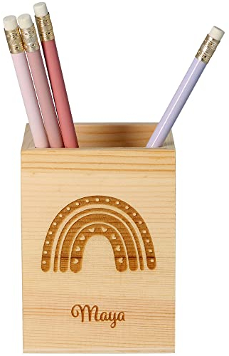 Goodtimes Stiftehalter Regenbogen Herz aus Holz mit individuellem Namen 11cm x 8cm x 8cm