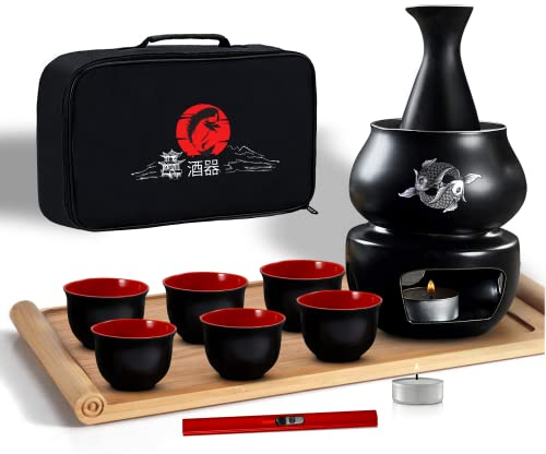 Japanisches Sake-Set mit Stövchen, 11-teilig, 6 Sake-Becher, nicht elektrischer Sake-Wärmer, Sake-Flasche, Bambus-Sake-Flugtablett für Sake-Becher-Set,Bomben-Geschenkset für chinesisches Sake-Set