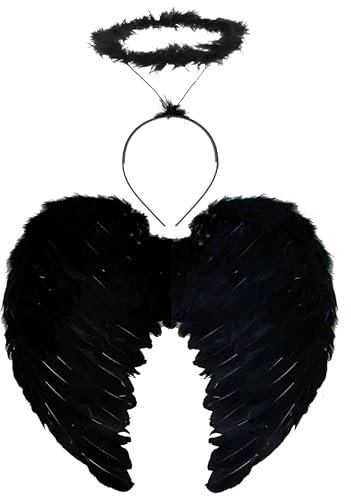 Conjunto de disfraz de ángel oscuro para mujer, alas de plumas negras y halo de marabú negro, juego de accesorios de disfraz de ángel oscuro para adultos