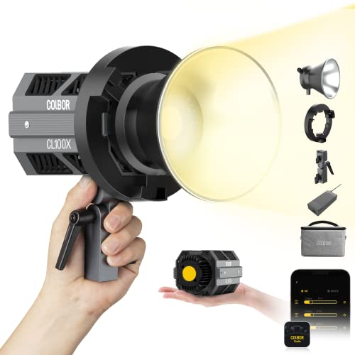 Videoleuchte, Colbor CL100X 110W Bi-Color Videolicht 2700K-6500K CRI97+ COB Dauerlicht Aluminium mit Bowens Mount APP Control 10 Lichteffekt für Fotografie, Tageslight-LED-Video-Leuchte-Fotostudio