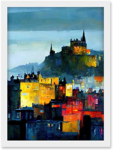 Doppelganger33 LTD Colourful Modern Edinburgh Castle Cityscape Acrylic Painting Artwork Framed Wall Art Print A4