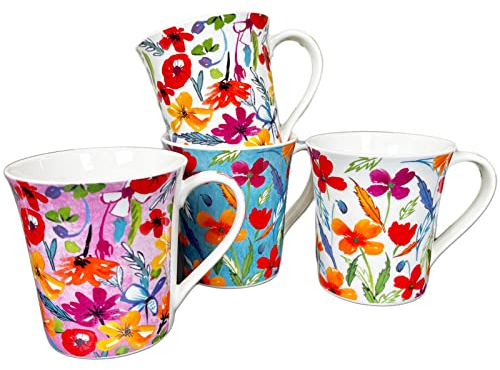 Darthome Full Floral Bloom Mugs Set of 4 Bone China Colourful Flowers 380ml Coffee Cups