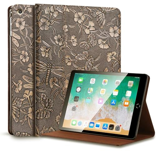 Gexmil Hülle für iPad 9./8./7. Generation 2021/2020/2019 10,2 Zoll Echt Leder Hülle Anti-Fingerabdruck,Automatischer Schlaf/Aufwachen,Einstellbarer Ständer,Schmetterlings Muster