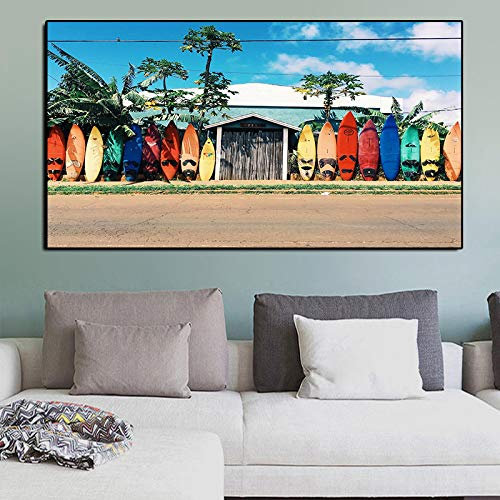 KDXAOBEI Meereslandschaft, Surfbrett auf Leinwand, Gemälde, Poster und Drucke, moderne Wandkunst, Bilder für Wohnzimmer, Dekoration, Gemälde, 75 x 150 cm (30 x 59 Zoll), mit schwarzem Rahmen