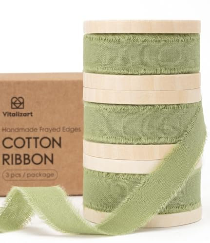 Vitalizart Salbeigrünes Baumwollband 1,6 cm x 19,2 m (3 Rollen*6,4 m), Handgefertigte Fransen Naturstoff Bänder für Hochzeit Einladungen Brautsträuße Geschenkverpackung Urlaub Dekoration