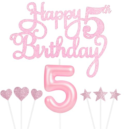 Personalised Happy 5th Birthday Cake Topper Set - Pink Number 5 Candles, Star Heart Cupcake Toppers, Cake Decorations for Her Him Girls Anniversary (Set 8)