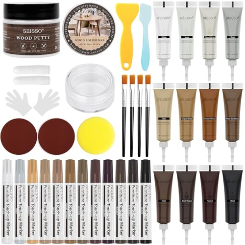 SEISSO Kit De Réparation De Meubles En Bois 39 Pièces, Pâte De Réparation De Mastic À Bois, Marqueurs De Retouche, Mastic À Bois Blanc, Huile De Cire, Pour Les Meubles En Bois, Les Planchers