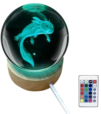 Axolotl Kristallkugel-Nachtlicht, 3D-Axolotl-Glaskugel-Nachtlampe mit Holzsockel, 6 cm, Axolotl-Kristallkugel-Lampe, 16 Farben, mit Fernbedienung, für Schlafzimmer, Wohnzimmer, Tischplatte (6 cm)
