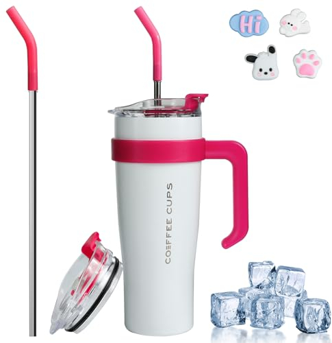 Euakee 40oz Taza Termica, 1200mL Taza de Café con Tapa para Coche, Termo Acero Inoxidable, Taza de Viaje con Tapa Antifugas y Cepillo para Pajita Sin BPA Regalos para Mujer Hombre (Blanco)