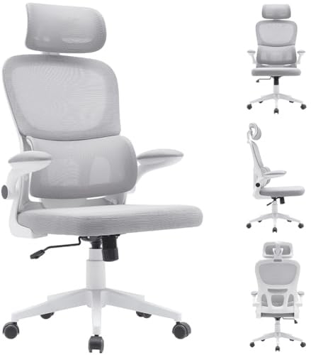 BAKAJI Bürostuhl aus ergonomischem Stoff mit Rückenlehne, Lendenwirbelstütze und Kopfstütze, drehbarer Schreibtischstuhl, höhenverstellbar, atmungsaktiver Schweißschutzbezug (hellgrau)