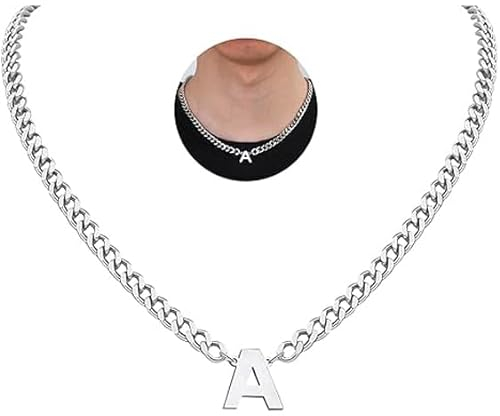 HAYOUWAY Kette Herren mit Buchstaben Halskette Damen Silber Kette, Edelstahl Panzerkette Herren Halskette Kubanisch Kette mit Buchstabe Anhänger Schmuck Geschenke für Männer Jungen Geburtstag Geschenk