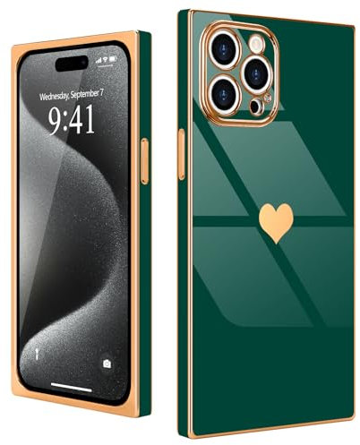 Urarssa for iPhone 15 Pro Case Cute Rectangle Heart Pattern Luxury Gold Plating Cases Women Girls Shockproof Bumper Silicone Protective Cover for iPhone 15 Pro-Green