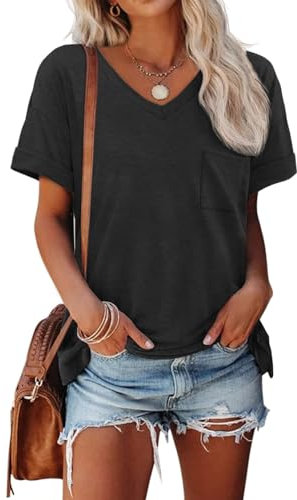 AirMood Womens Summer Casual Loose Fit Tshirt Tops Short Sleeve V Neck Tee Shirts (Black,XXL)