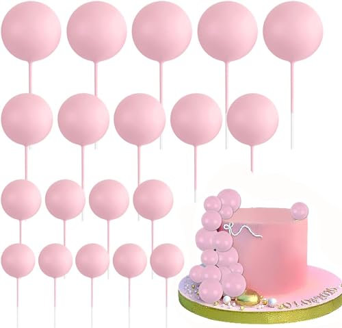 20Pcs Round Ball Cake Toppers Ball Cupcake Toppers Cake Decorations Bakeware Decorating Topper Sticks Mini Balloon Cake Insert Toppers for Anniversary Birthday Party Wedding Decor - Pink