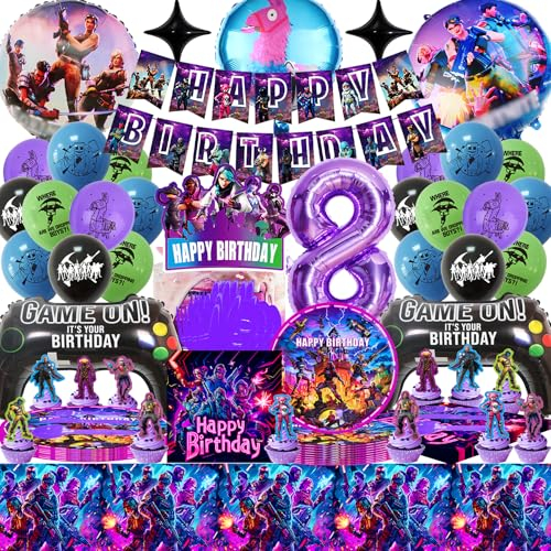 Decoration Anniversaire Fortnit 8 Ans, Frotox Ballon Fortnit Anniversaire Vaisselle Fête Set, 94 Pièces Décoration Ballons Jeu Vidéo, Gâteaux Bannière Décoration Fête Anniversaire Gaming Gamer Garçon