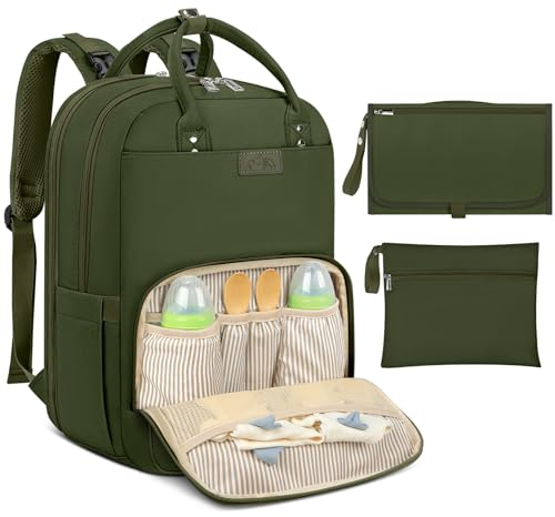 RAINSMORE Baby Wickelrucksack Groß Wickeltasche Rucksack mit Kinderwagengurten und Wickelunterlage Unterwegs Diaper Bag Babytasche Grün