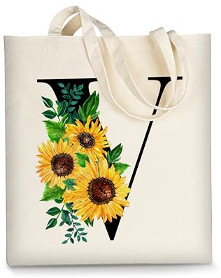 AUSVKAI Süße Sonnenblumen-Initialen-Canvas-Tragetasche, ästhetisch für Damen