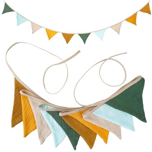 Kisvic Wimpelkette Stoff, Wimpelkette Kinderzimmer, Baumwolle Girlande Kinderzimmer Deko zum Aufhängen, Wanddeko Geschenk Babyzimmer Dekoration Mädchen & Jungen (Morandi Grün)