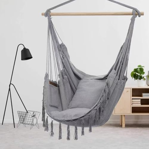 FIYSON Hängesessel,mit 2 Kissen,Hängematte Hängeschaukel,Baumwoll-Hängesessel Hartholz-Spreizstange Breiter Sitzschaukelstuhl,bis 150 kg,Hängesitz,Boho,für Indoor,Schlafzimmer und Garten (Hellgrau)