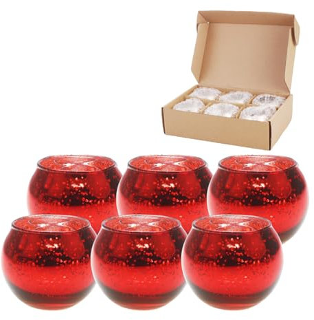 Hiseng 6 Stück Teelichthalter Glas Kerzenhalter Klein Rund Sternenhimmel Votivkerzenhalter Teelichthälter Teelichter Dekoration für Weihnachten, Hochzeit, Kerzenlicht Abendessen (Rot)