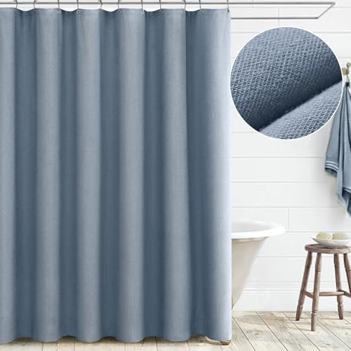 Awellife Rideau de douche en lin texturé de style rustique avec doublure en tissu pour salle de bain Bleu/gris 183 x 183 cm